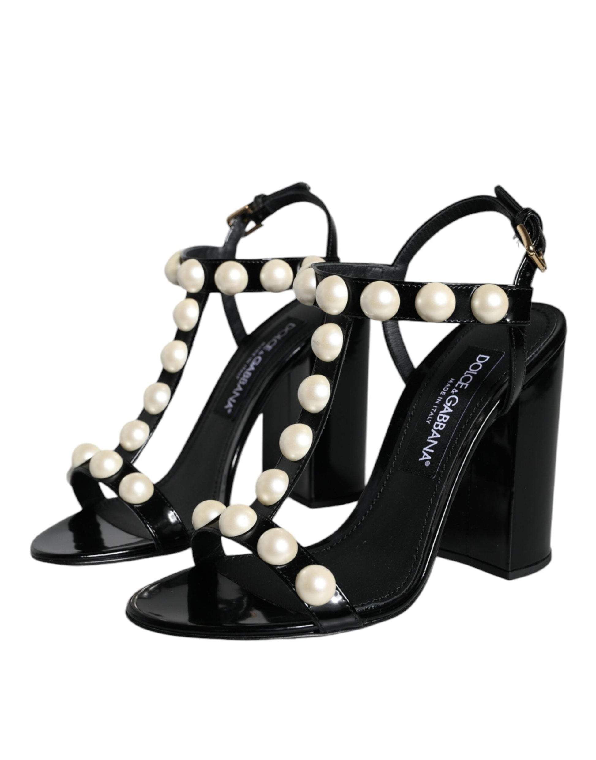 Dolce & Gabbana Black Leather Pearls T-strap Sandals Shoes - EU38/US8