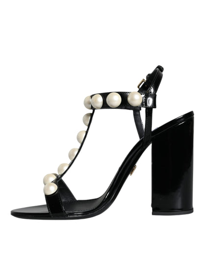 Dolce & Gabbana Black Leather Pearls T-strap Sandals Shoes - EU38/US8