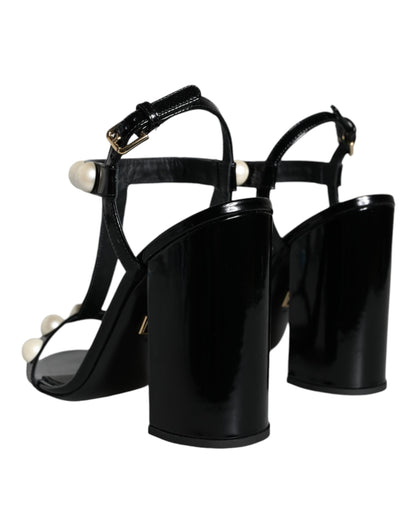 Dolce & Gabbana Black Leather Pearls T-strap Sandals Shoes - EU38/US8