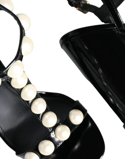 Dolce & Gabbana Black Leather Pearls T-strap Sandals Shoes - EU38/US8