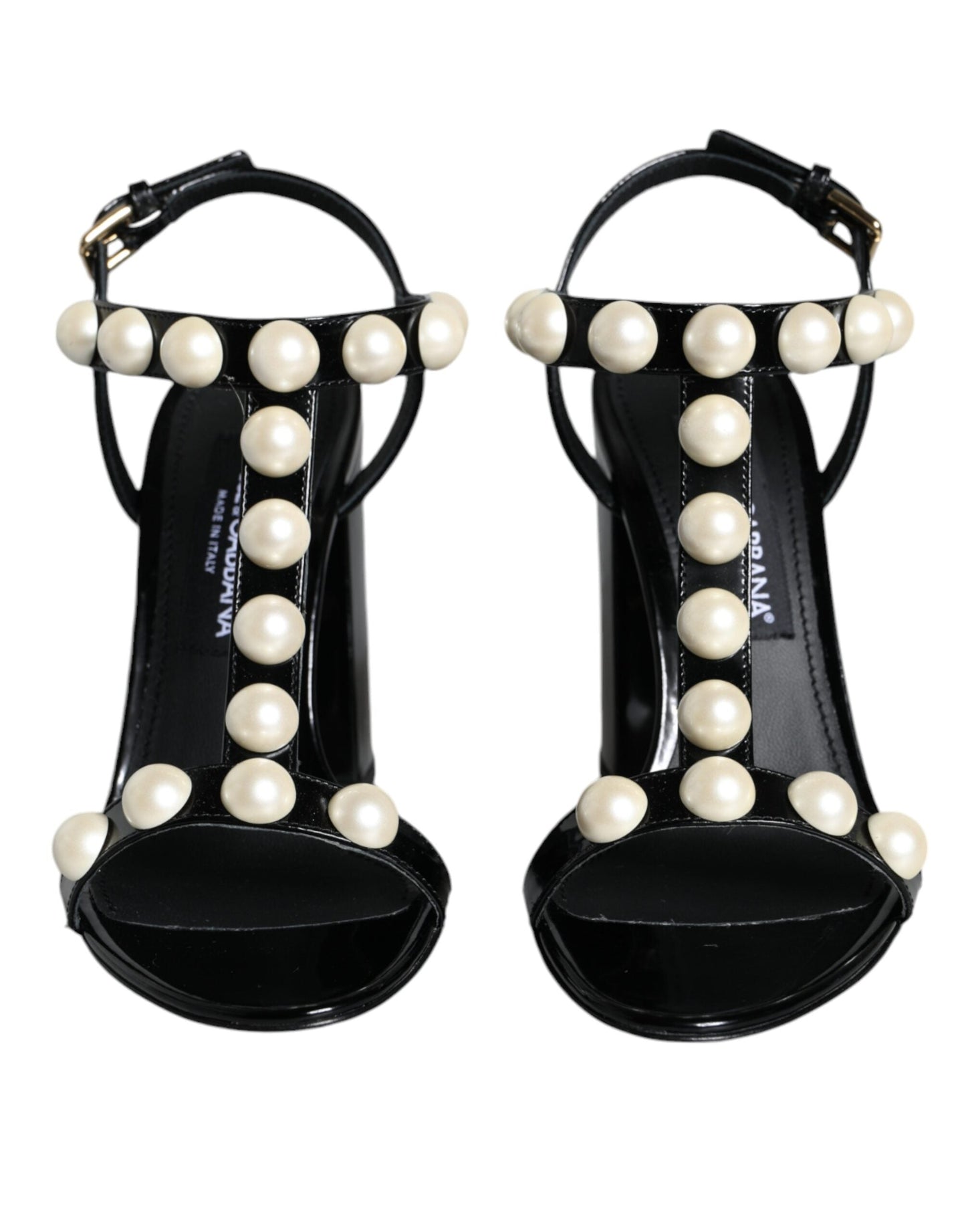 Dolce & Gabbana Black Leather Pearls T-strap Sandals Shoes - EU38/US8