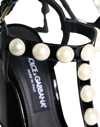 Dolce & Gabbana Black Leather Pearls T-strap Sandals Shoes - EU38/US8