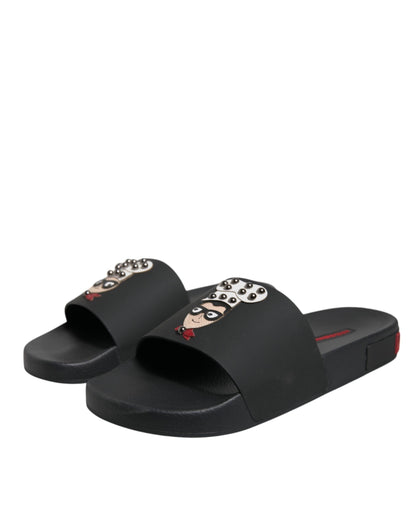 Dolce & Gabbana Black Leather Slides Sandals Beachwear Shoes - EU41/US8