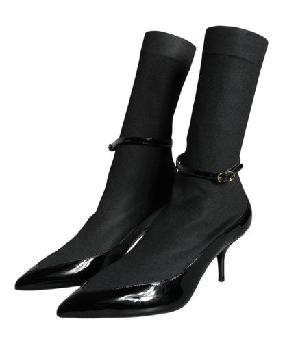 Dolce & Gabbana Black Leather Stilettos Booties Socks Shoes - EU39/US8