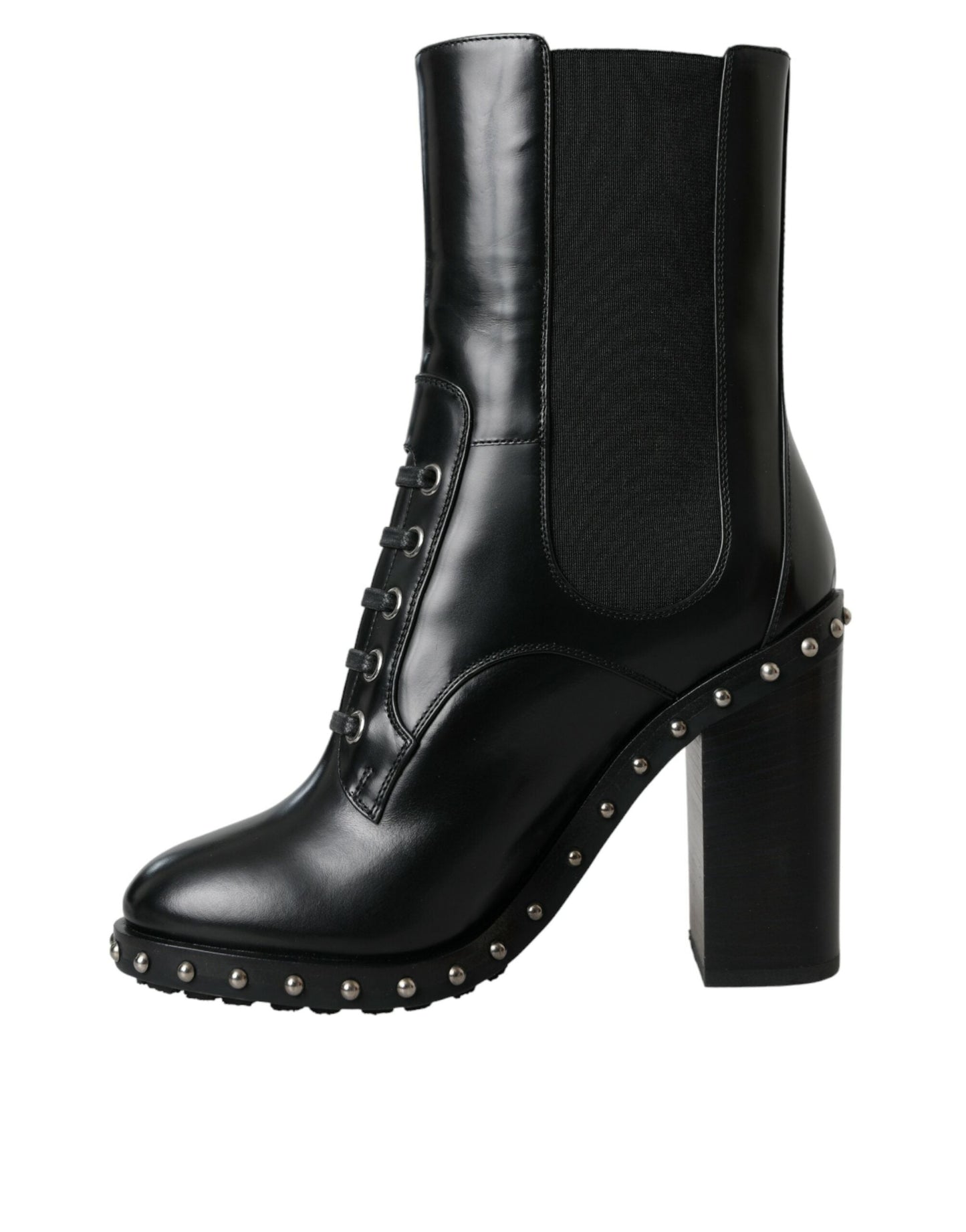 Dolce & Gabbana Black Leather Studded Lace Up Boots Shoes - EU36/US5.5