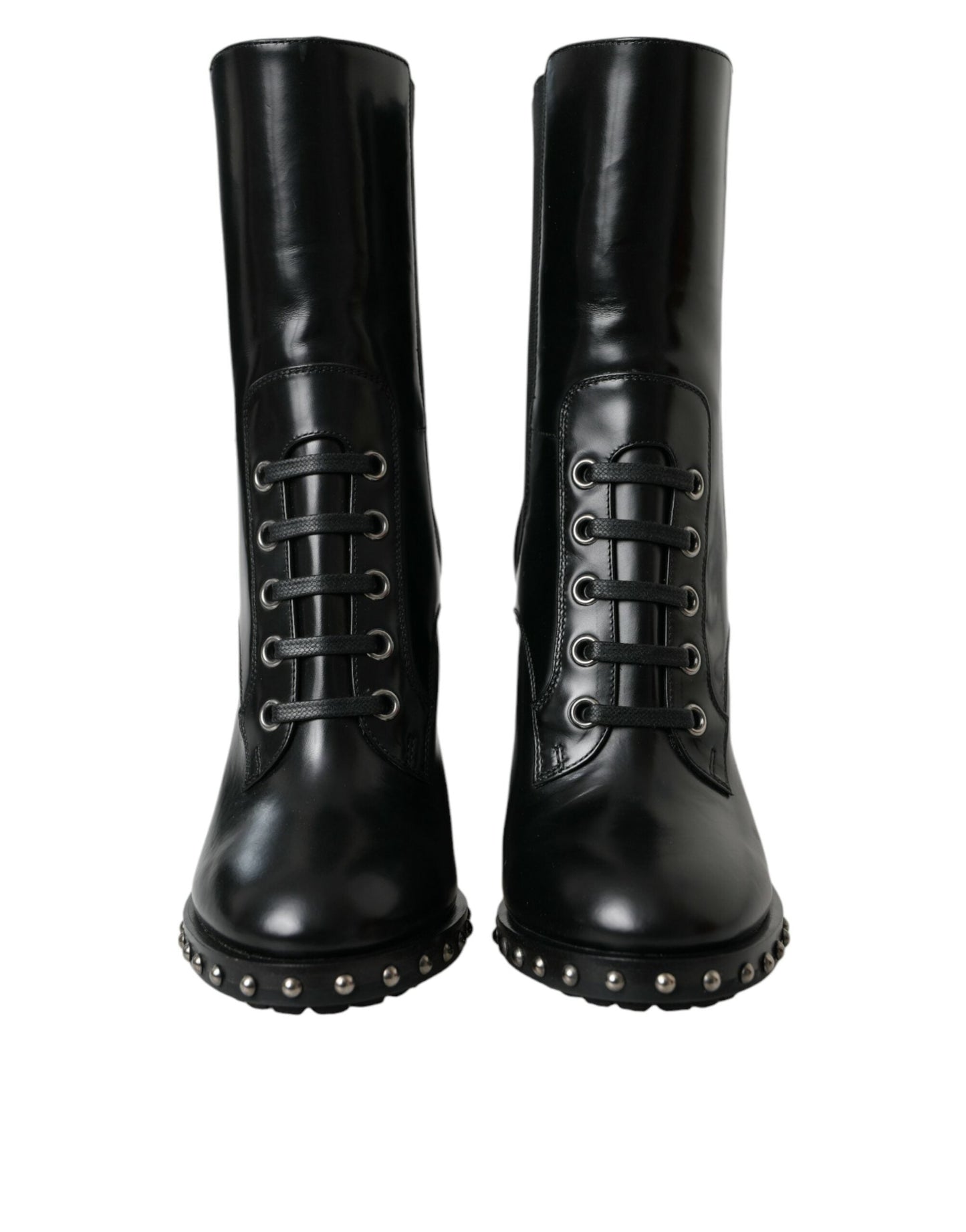 Dolce & Gabbana Black Leather Studded Lace Up Boots Shoes - EU36/US5.5