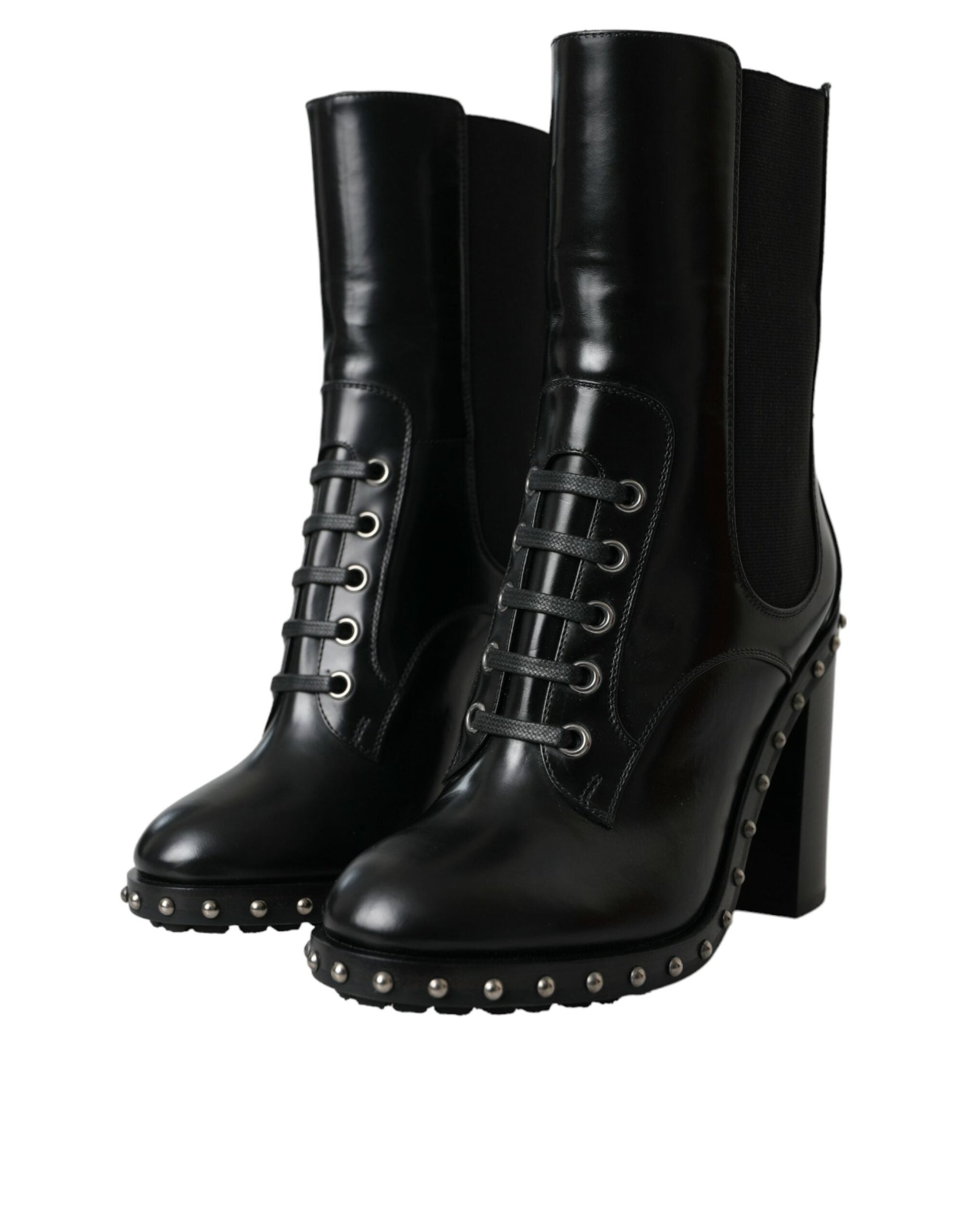 Dolce & Gabbana Black Leather Studded Lace Up Boots Shoes - EU36/US5.5