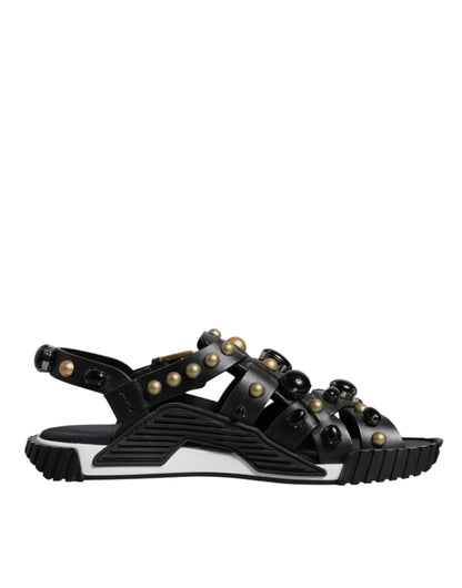 Dolce & Gabbana Black Leather Studded Slides Sandals Shoes - EU39/US6