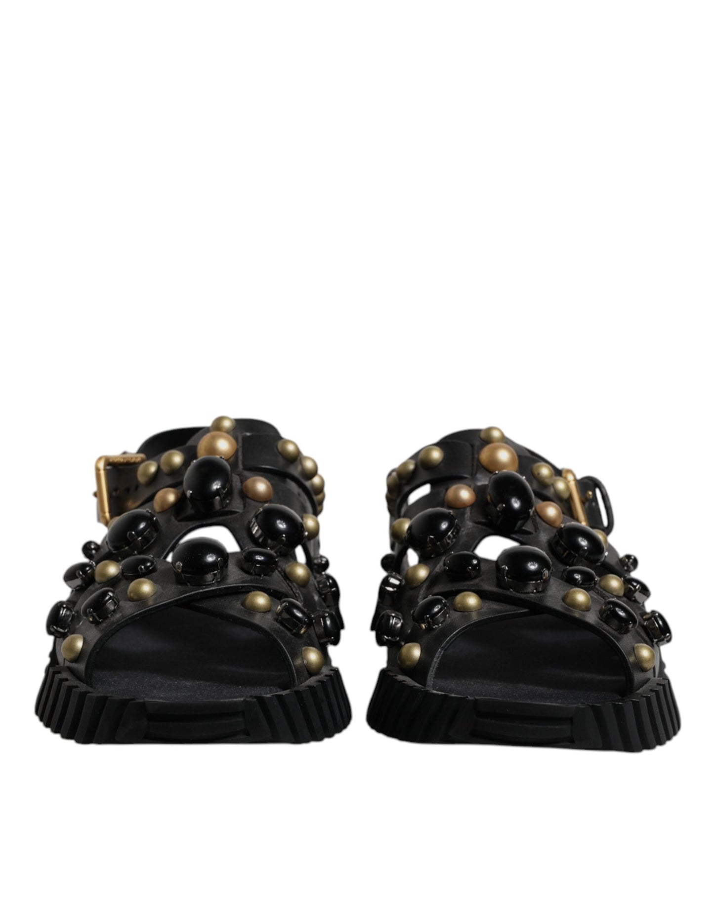 Dolce & Gabbana Black Leather Studded Slides Sandals Shoes - EU39/US6