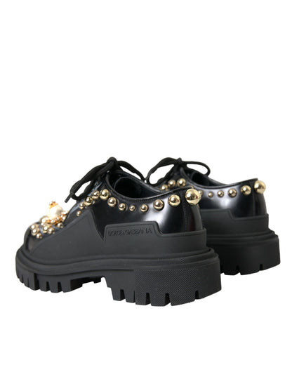 Dolce & Gabbana Black Leather Trekking Derby Embellished Shoes - EU35.5/US5