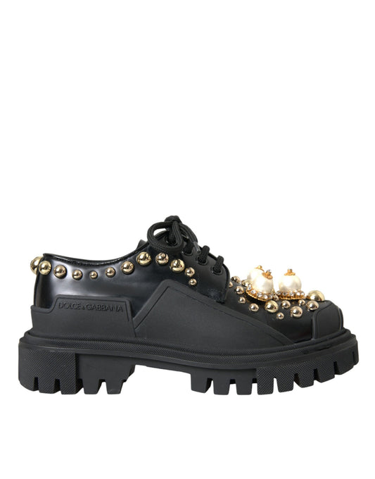 Dolce & Gabbana Black Leather Trekking Derby Embellished Shoes - EU35.5/US5