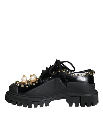 Dolce & Gabbana Black Leather Trekking Derby Embellished Shoes - EU37/US6.5