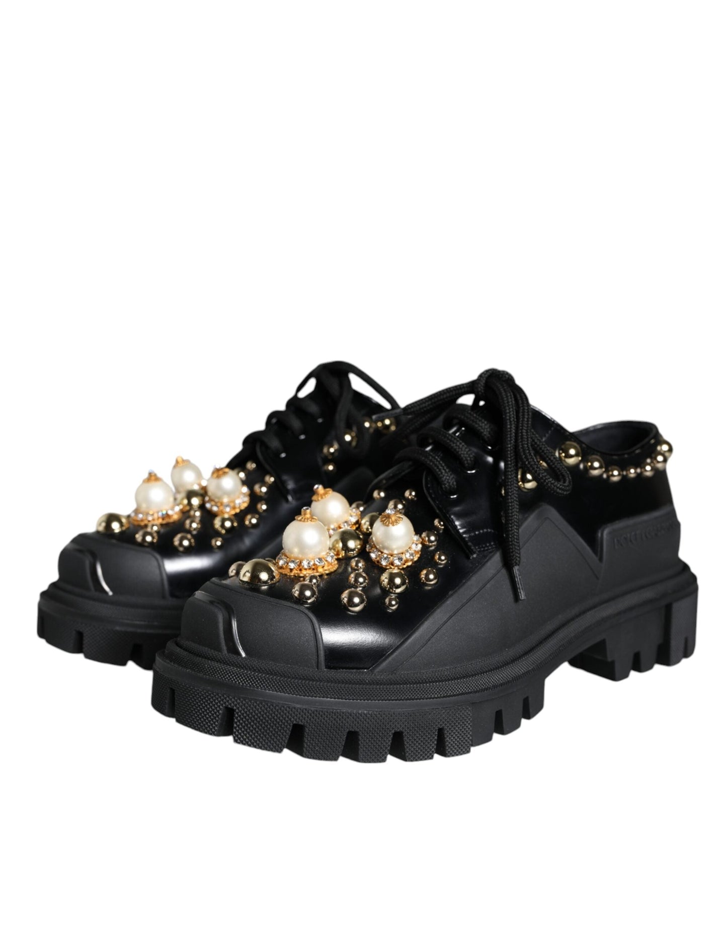 Dolce & Gabbana Black Leather Trekking Derby Embellished Shoes - EU37/US6.5