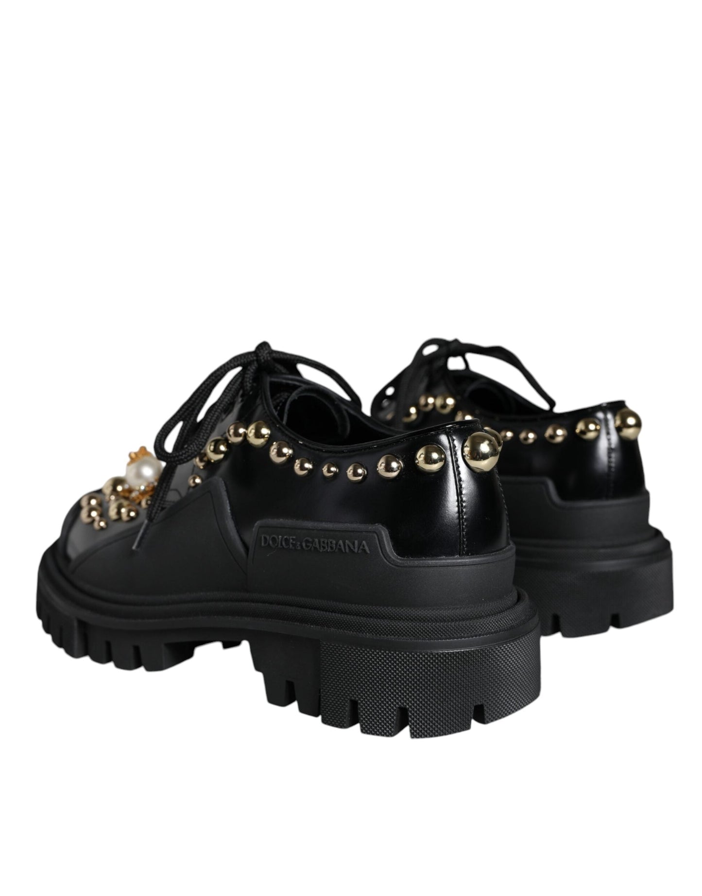 Dolce & Gabbana Black Leather Trekking Derby Embellished Shoes - EU37/US6.5