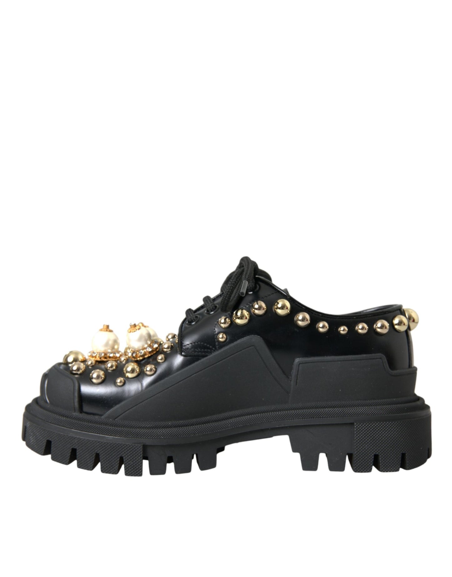 Dolce & Gabbana Black Leather Trekking Derby Embellished Shoes - EU35.5/US5