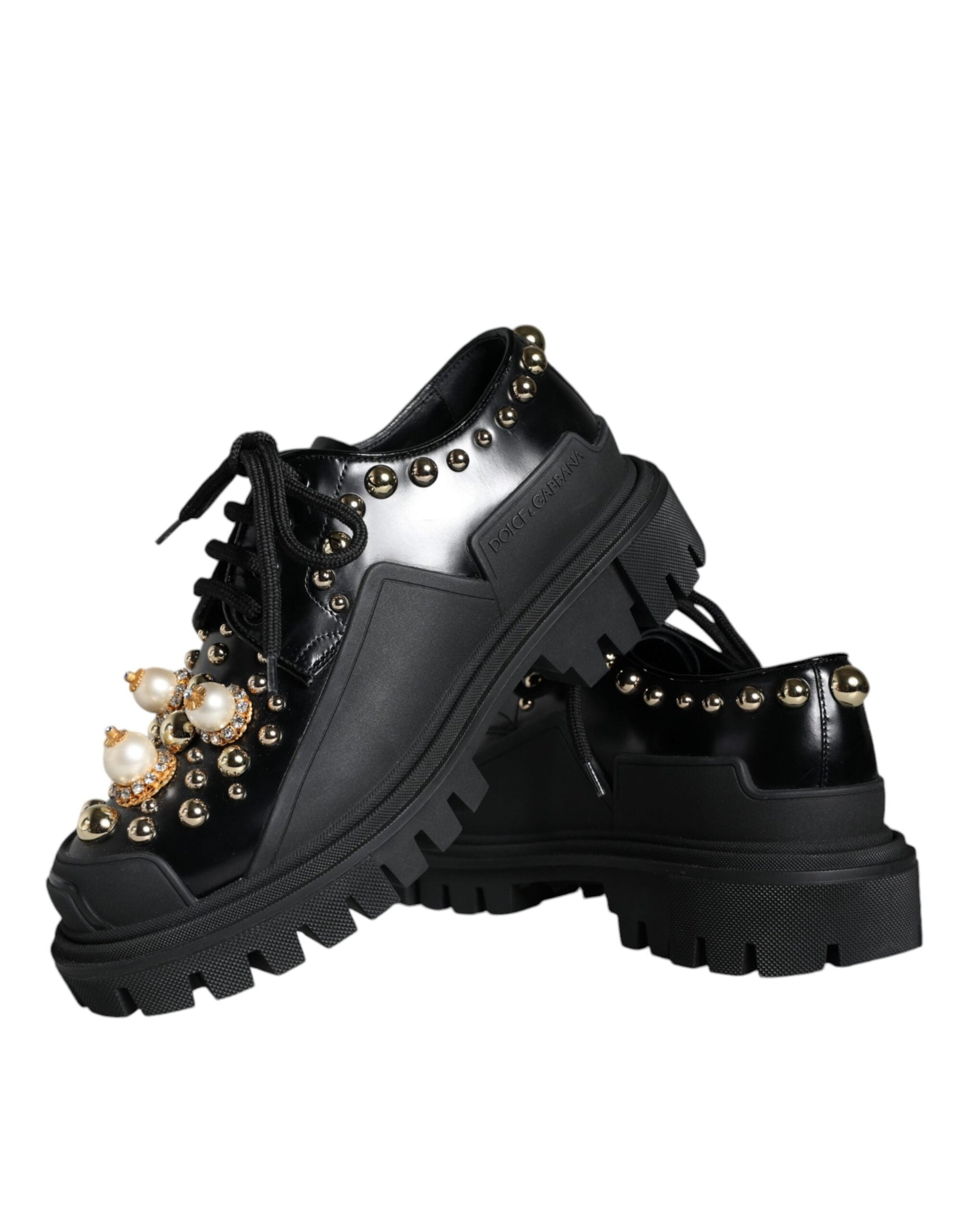 Dolce & Gabbana Black Leather Trekking Derby Embellished Shoes - EU37/US6.5