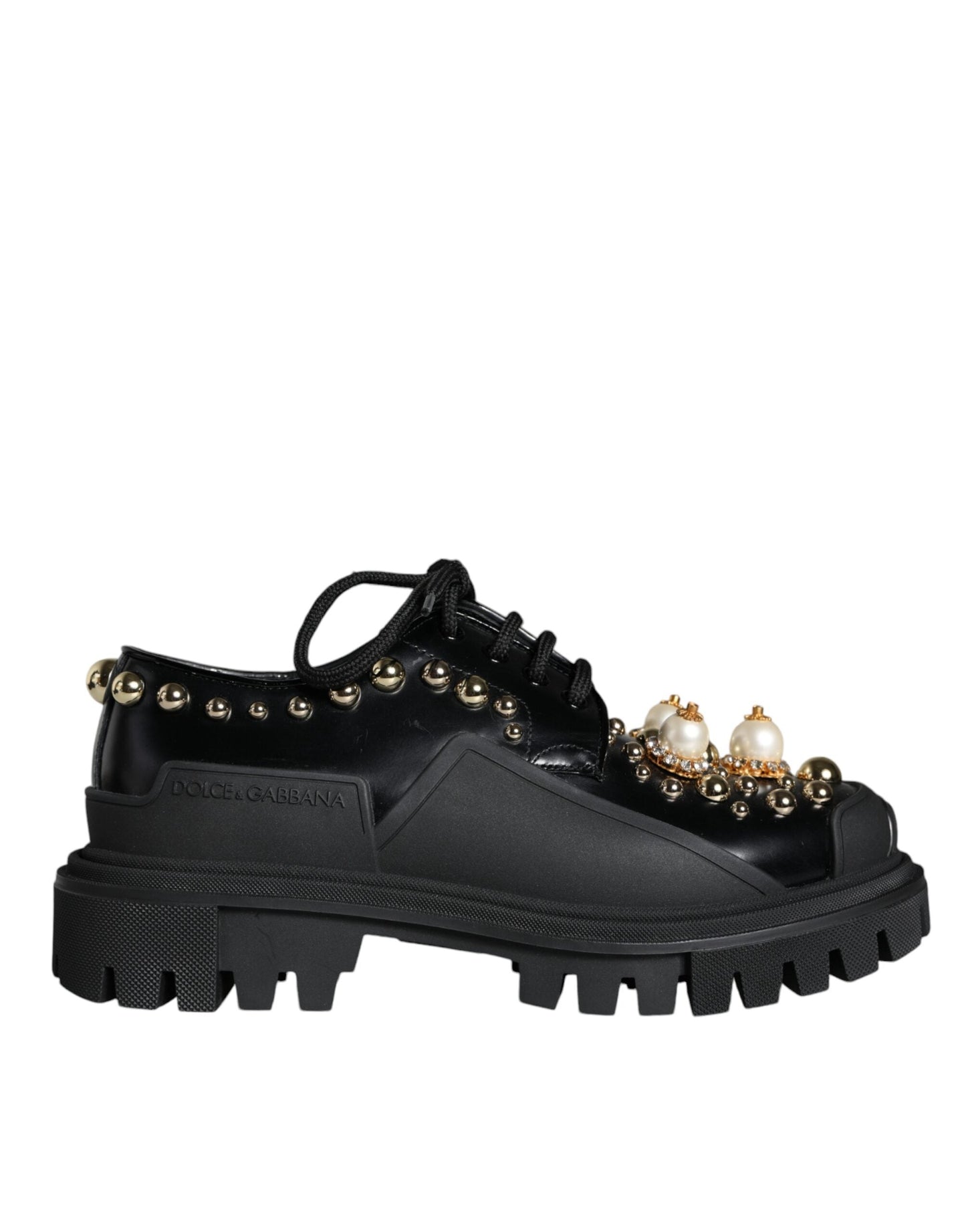 Dolce & Gabbana Black Leather Trekking Derby Embellished Shoes - EU37/US6.5