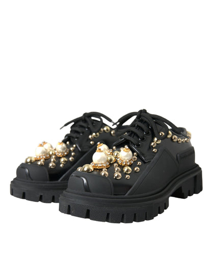 Dolce & Gabbana Black Leather Trekking Derby Embellished Shoes - EU35.5/US5