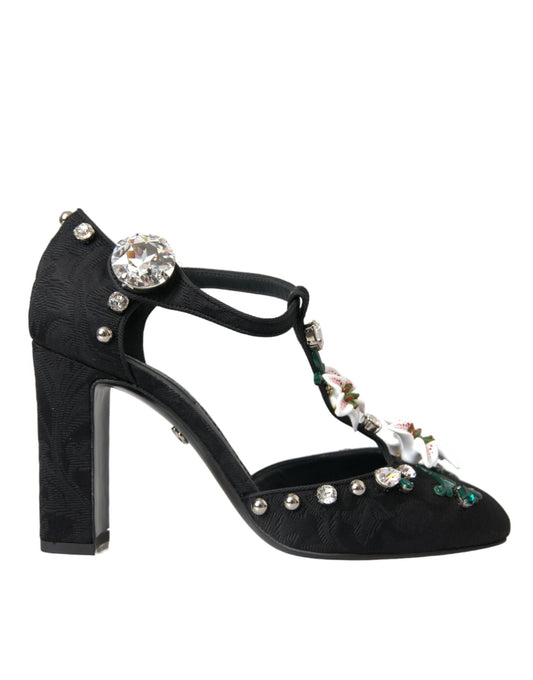 Dolce & Gabbana Black Lilies Crystal Heels Pumps Shoes - EU39/US8.5