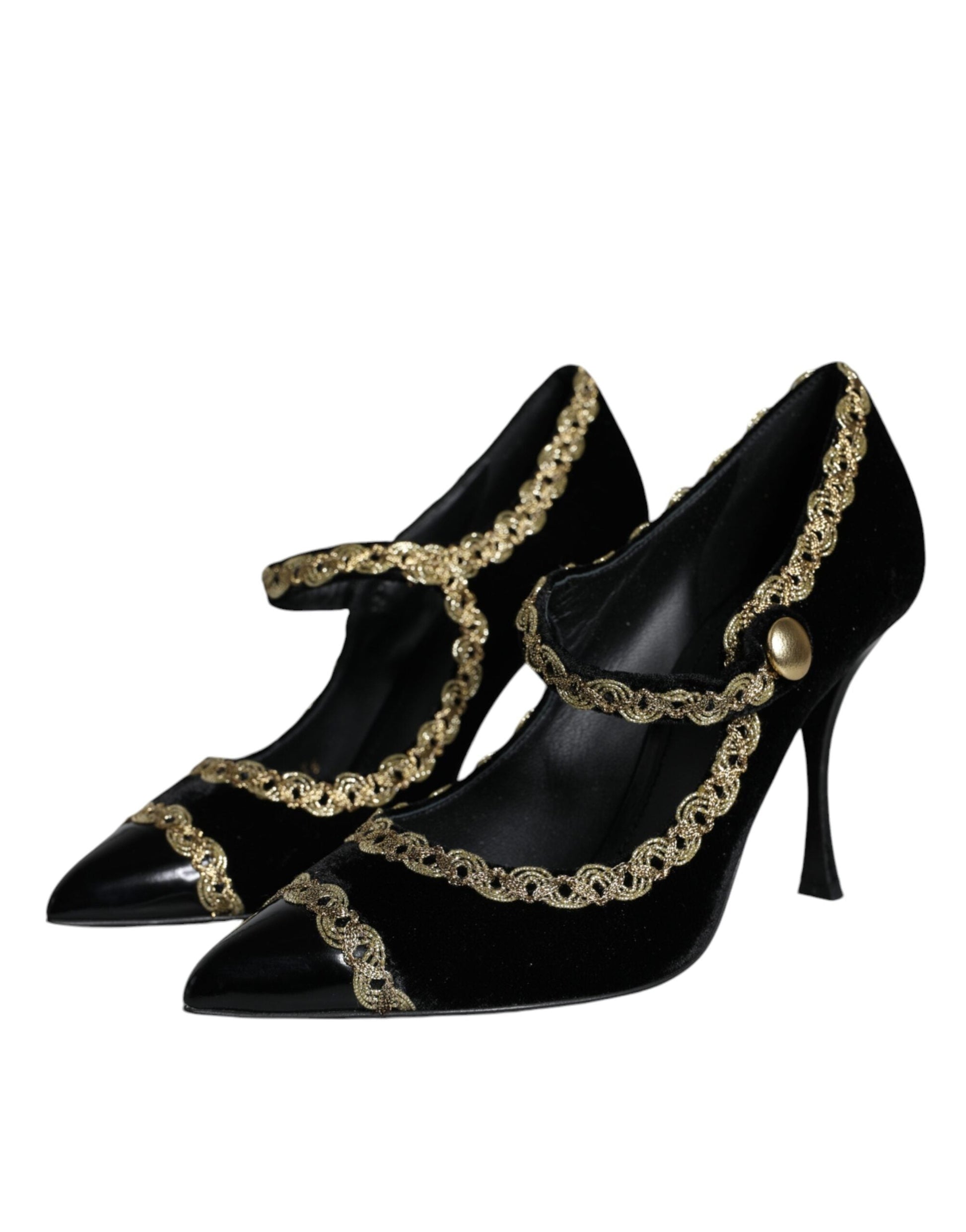 Dolce & Gabbana Black Mary Janes Velvet Gold Pumps Shoes - EU36/US6