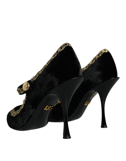 Dolce & Gabbana Black Mary Janes Velvet Gold Pumps Shoes - EU36/US6