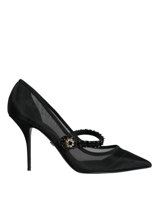 Dolce & Gabbana Black Mesh Mary Jane Crystal Heel Pumps Shoes - EU41/US11