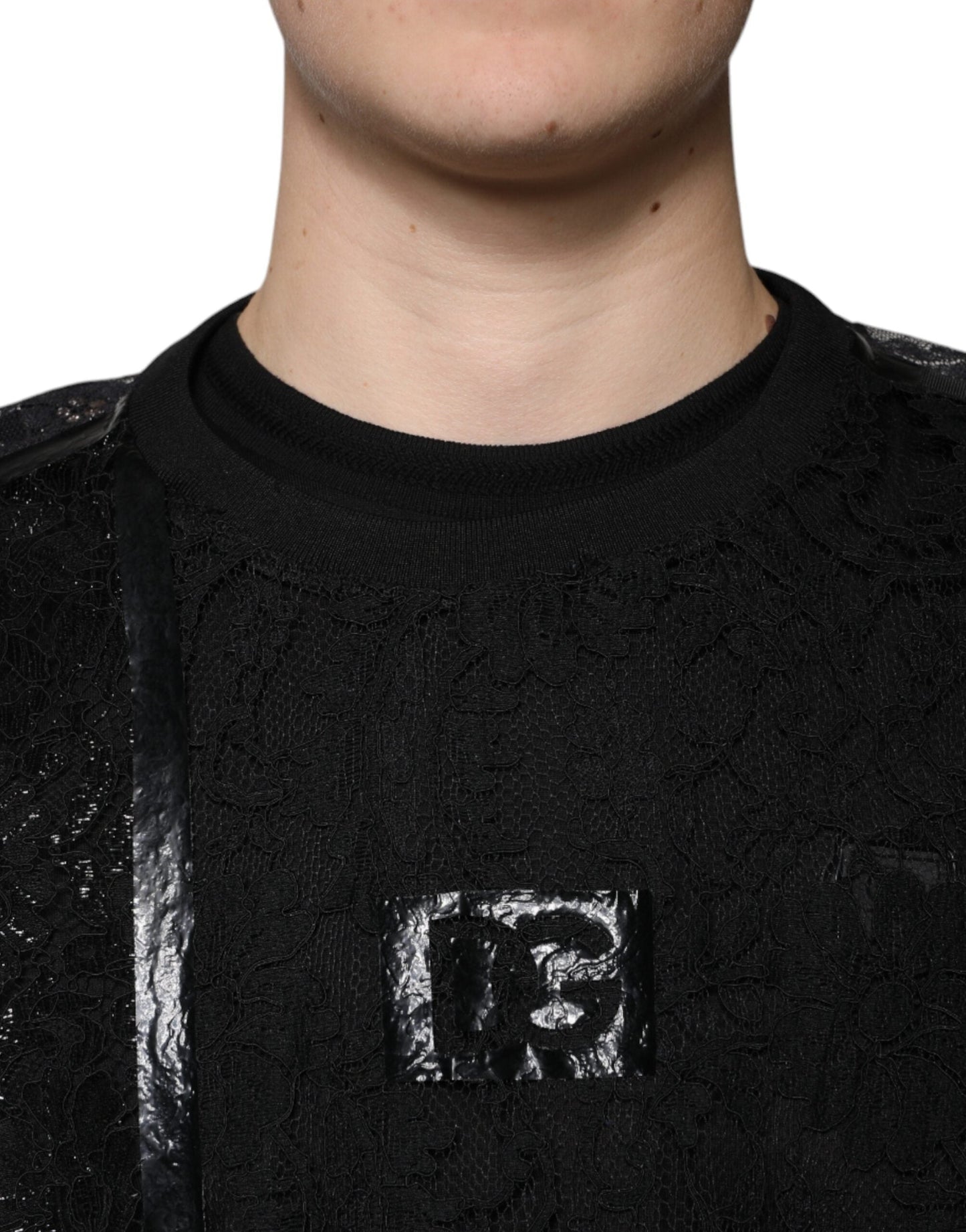 Dolce & Gabbana Black Nylon Floral Lace Crew Neck T-shirt - IT50 | L