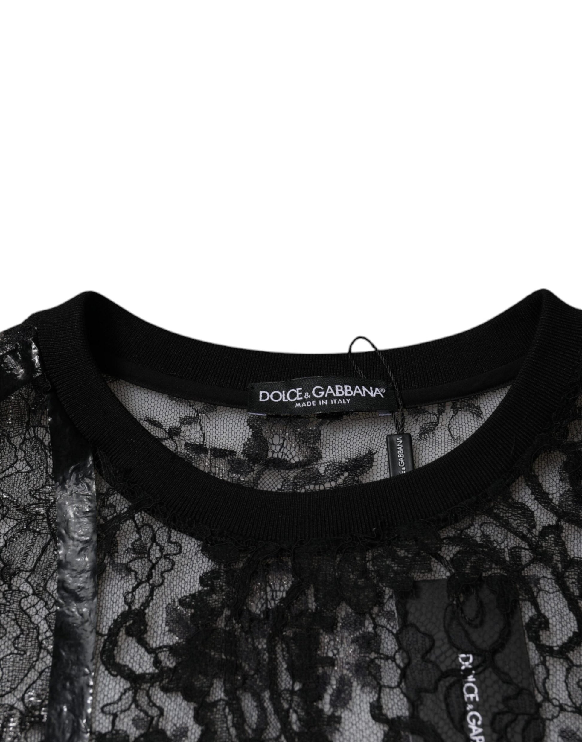 Dolce & Gabbana Black Nylon Floral Lace Crew Neck T-shirt - IT50 | L