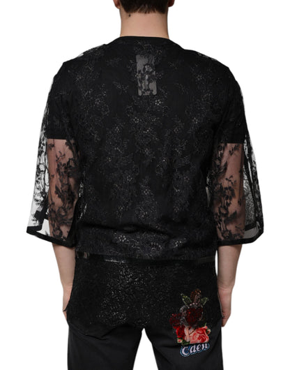 Dolce & Gabbana Black Nylon Floral Lace Crew Neck T-shirt - IT50 | L