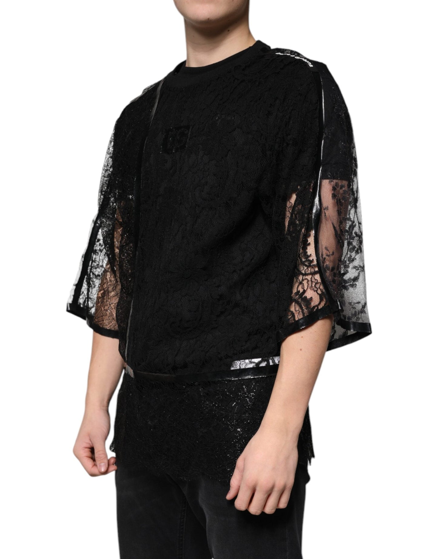 Dolce & Gabbana Black Nylon Floral Lace Crew Neck T-shirt - IT50 | L