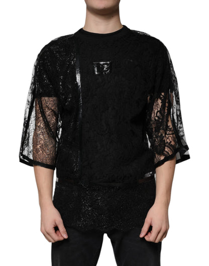 Dolce & Gabbana Black Nylon Floral Lace Crew Neck T-shirt - IT50 | L