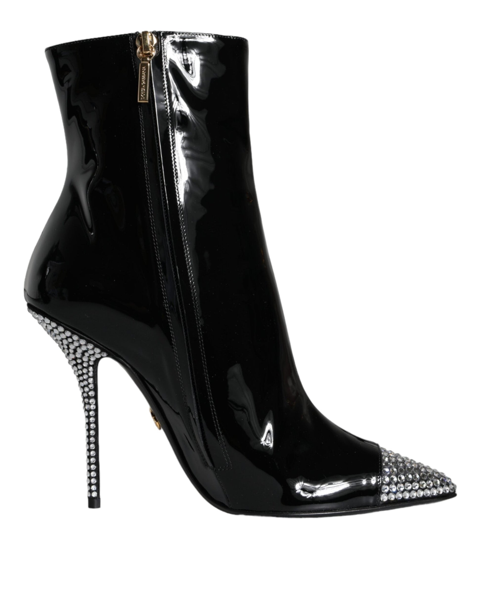 Dolce & Gabbana Black Patent Leather Crystal Heel Boots Shoes - EU39/US8.5