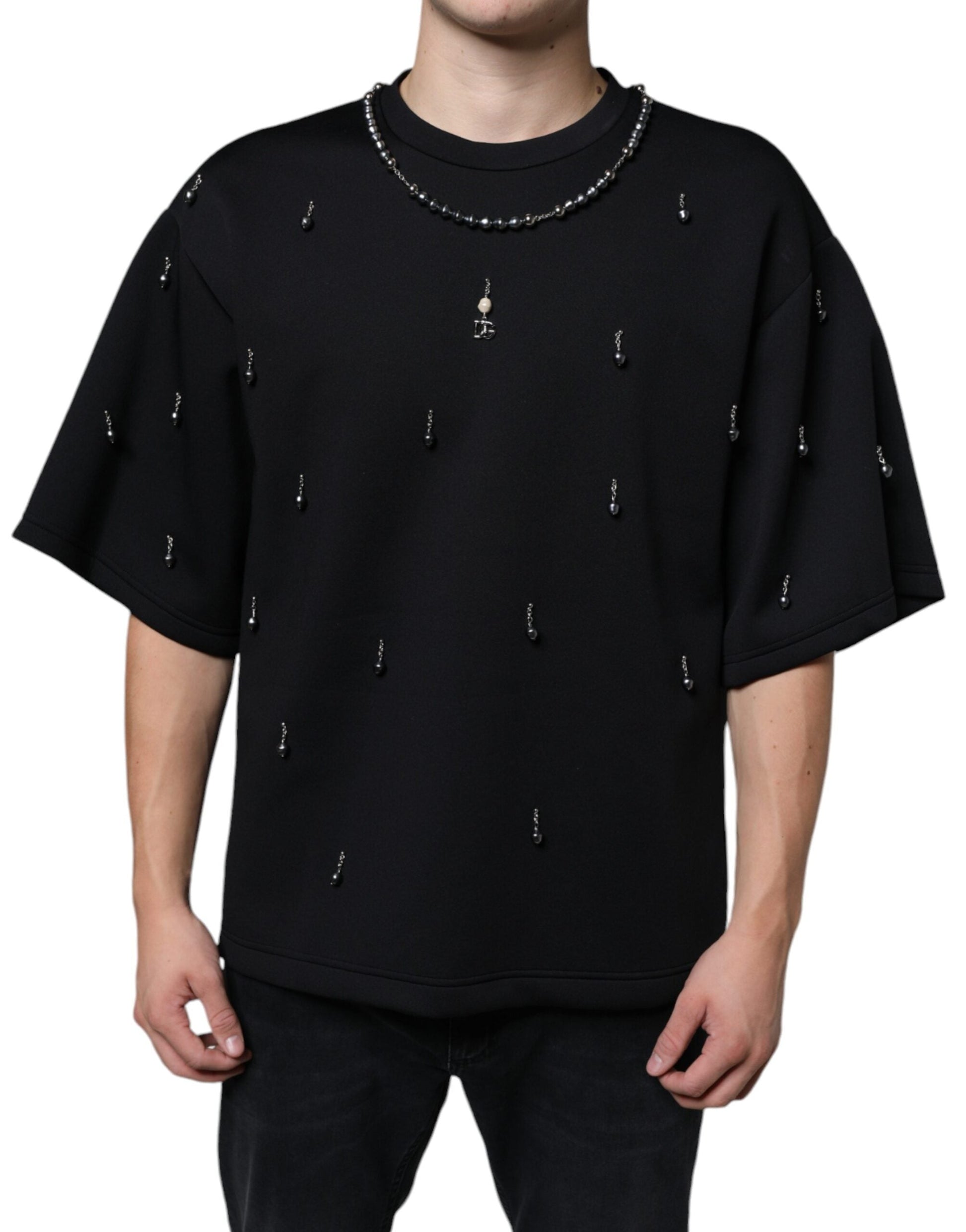 Dolce & Gabbana Black Polyester Necklace Embellished T-shirt - IT48 | M