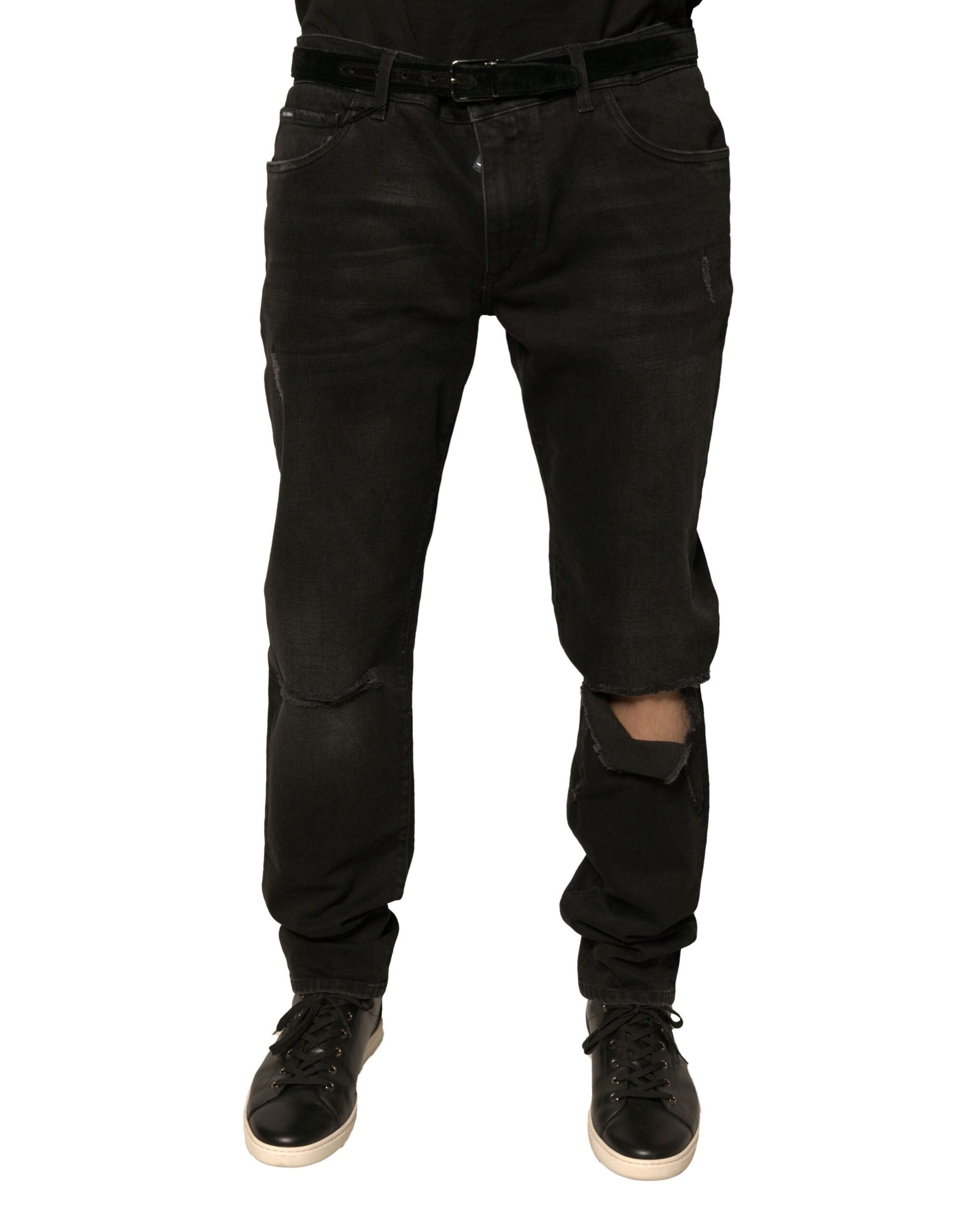 Dolce & Gabbana Black Ripped Logo Cotton Skinny Denim Jeans - IT56 | XXL