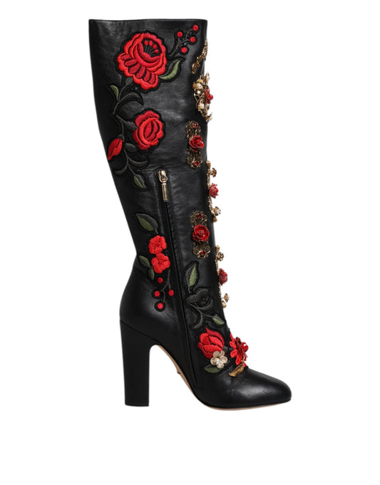 Dolce & Gabbana Black Roses Embellished Leather Heel Boots Shoes - EU39/US9