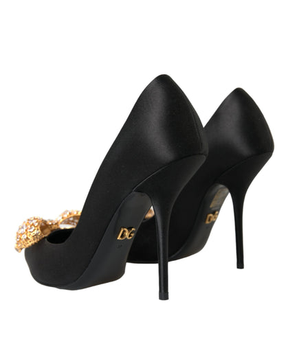 Dolce & Gabbana Black Satin Bow Crystal Heels Pumps Shoes - EU37/US6.5