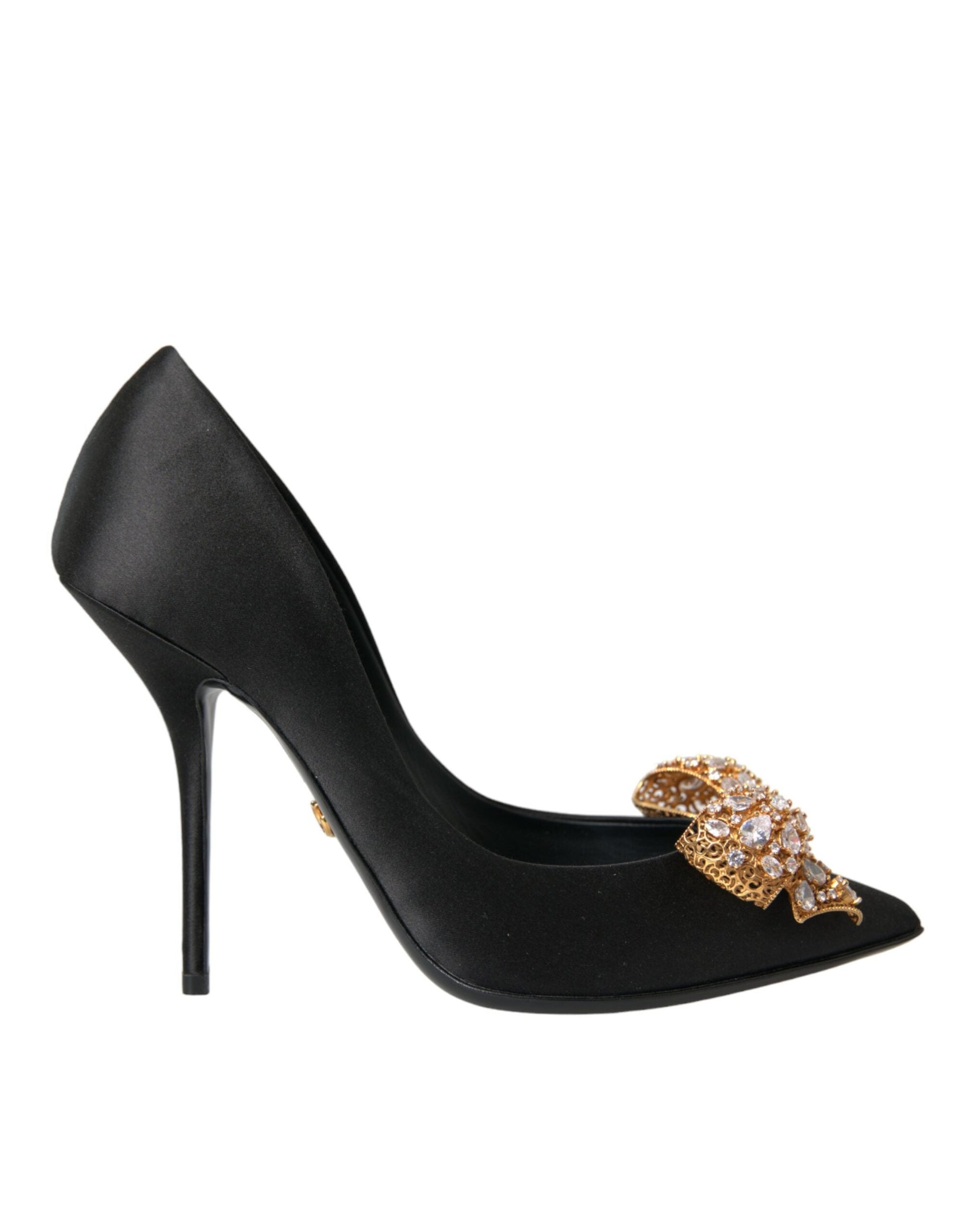 Dolce & Gabbana Black Satin Bow Crystal Heels Pumps Shoes - EU37/US6.5