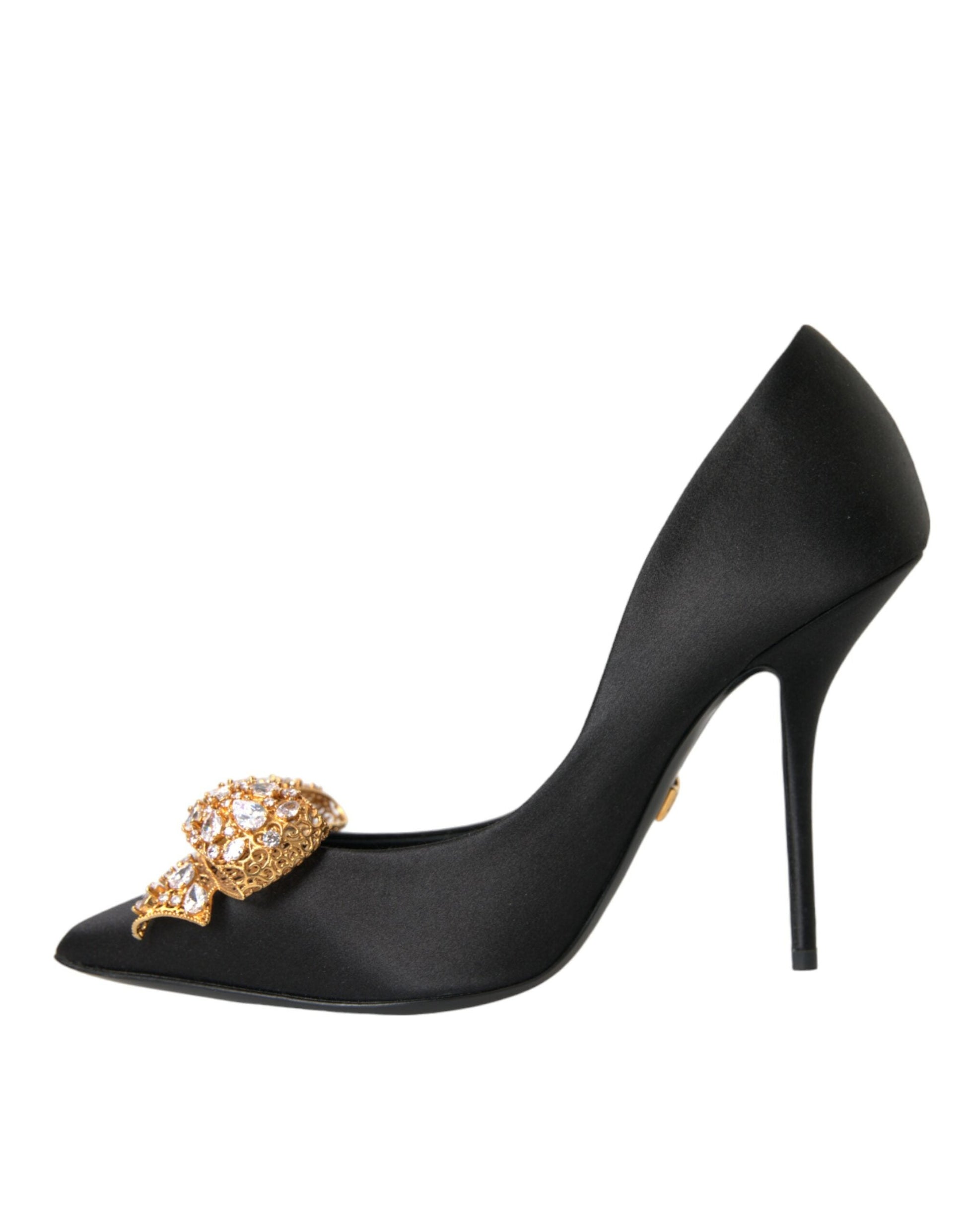 Dolce & Gabbana Black Satin Bow Crystal Heels Pumps Shoes - EU37/US6.5