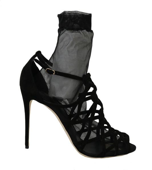 Dolce & Gabbana Black Suede Tulle Ankle Boot Sandals - EU41/US10.5