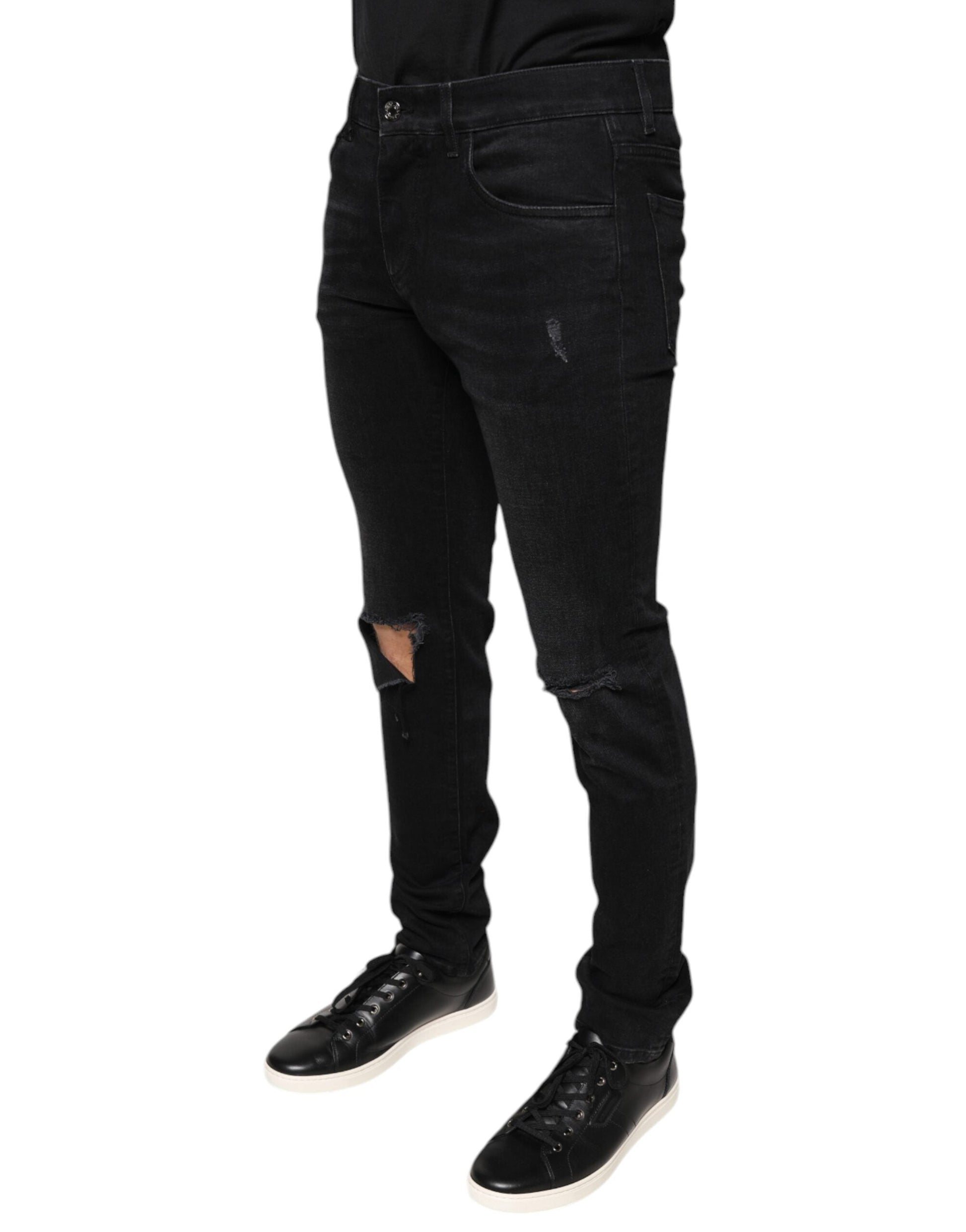 Dolce & Gabbana Black Tattered Cotton Skinny Men Denim Jeans - IT48 | M