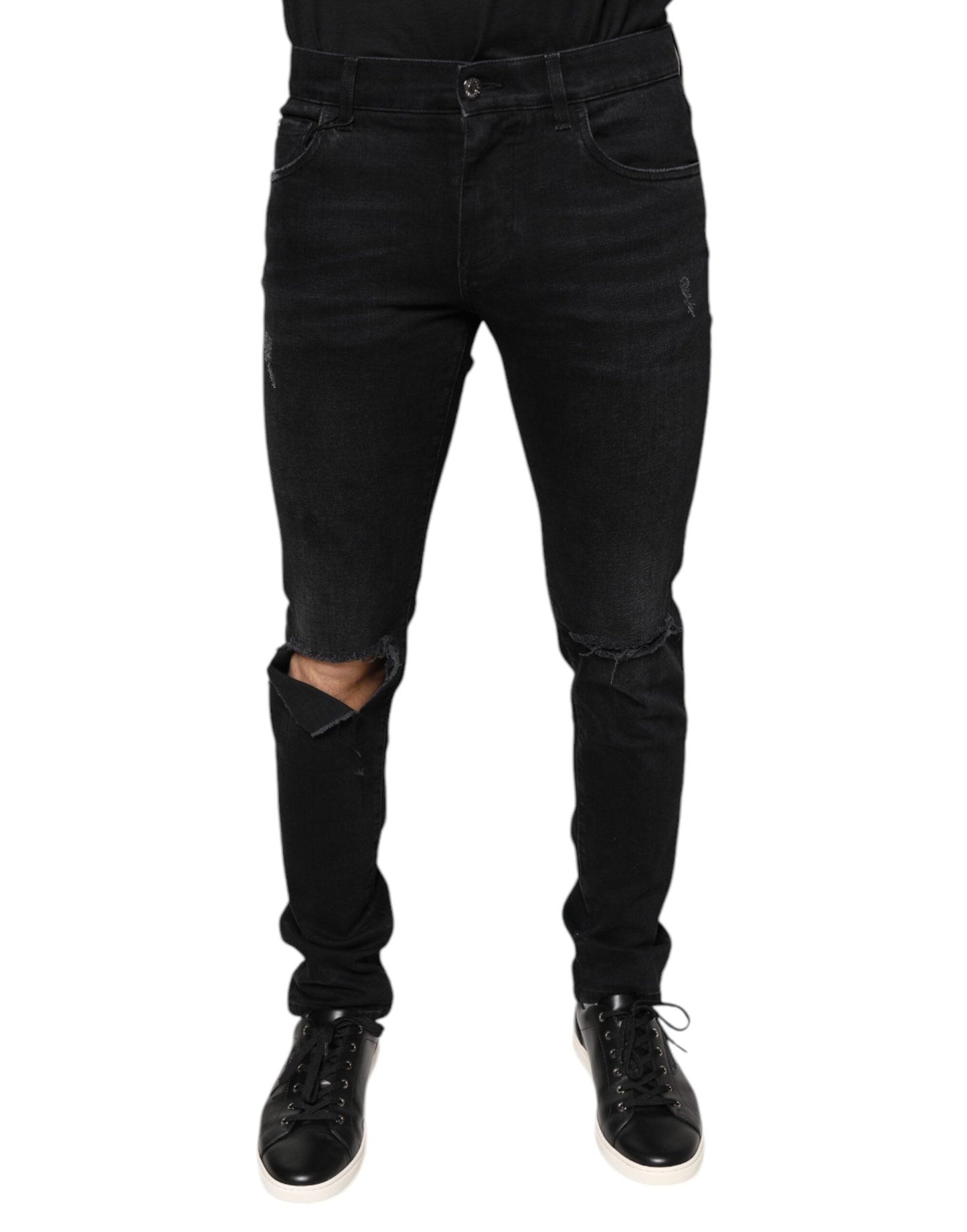 Dolce & Gabbana Black Tattered Cotton Skinny Men Denim Jeans - IT48 | M