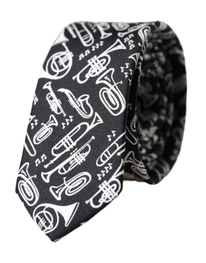 Dolce & Gabbana Black Trumpet Print Silk Adjustable Tie