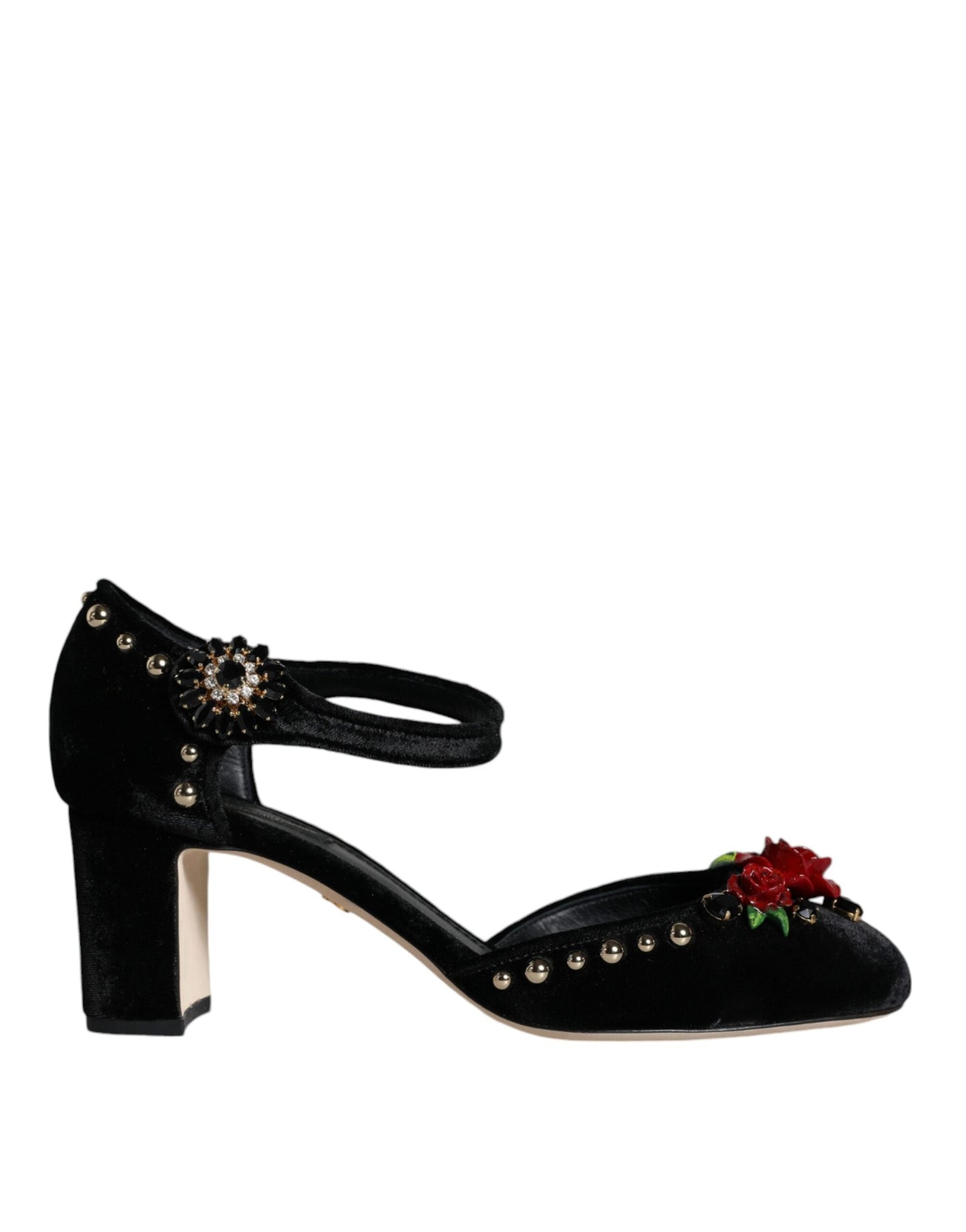 Dolce & Gabbana Black Velvet Roses Ankle Strap Pumps Shoes - EU37/US7