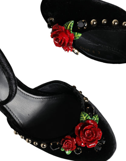 Dolce & Gabbana Black Velvet Roses Ankle Strap Pumps Shoes - EU37/US7