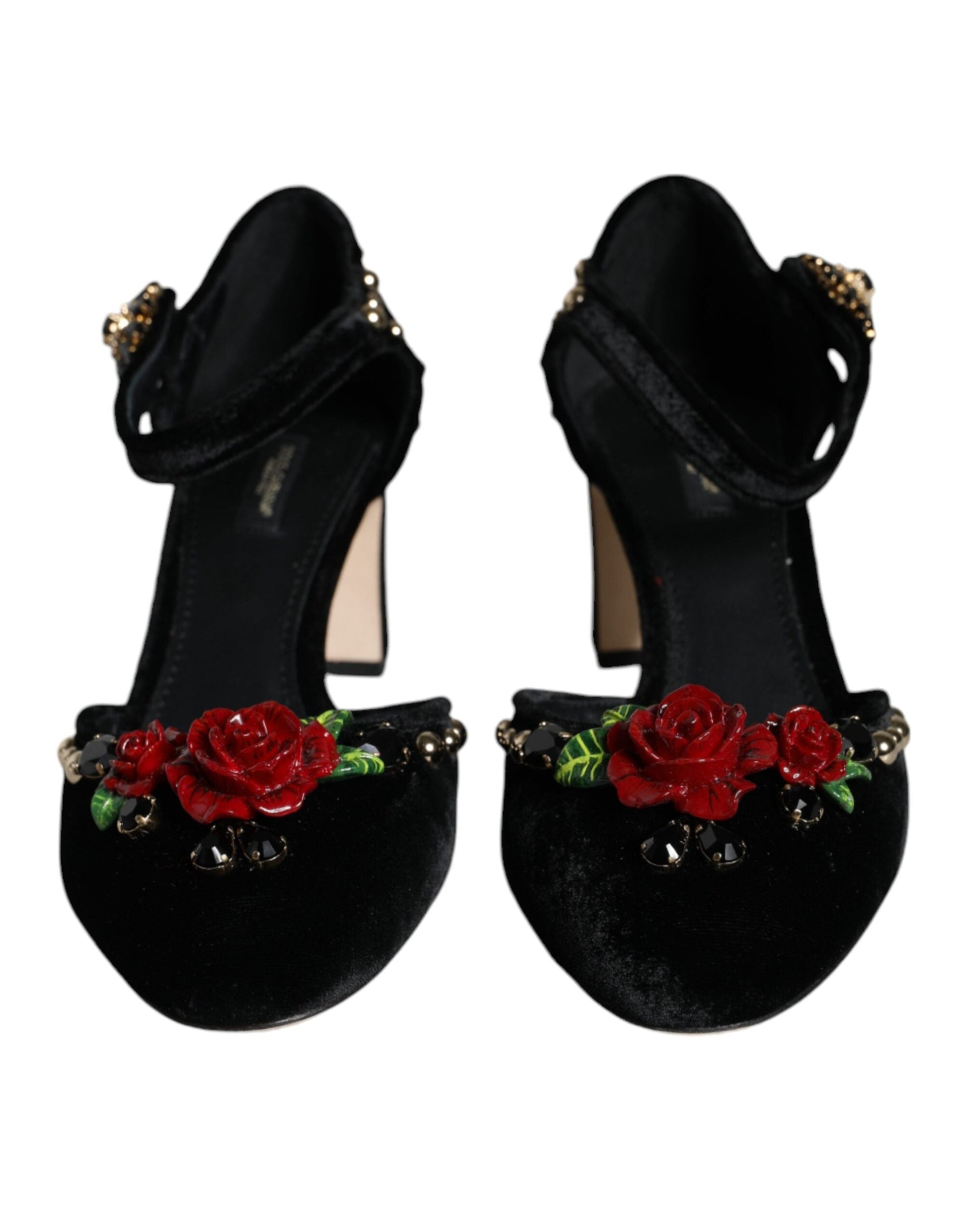 Dolce & Gabbana Black Velvet Roses Ankle Strap Pumps Shoes - EU37/US7