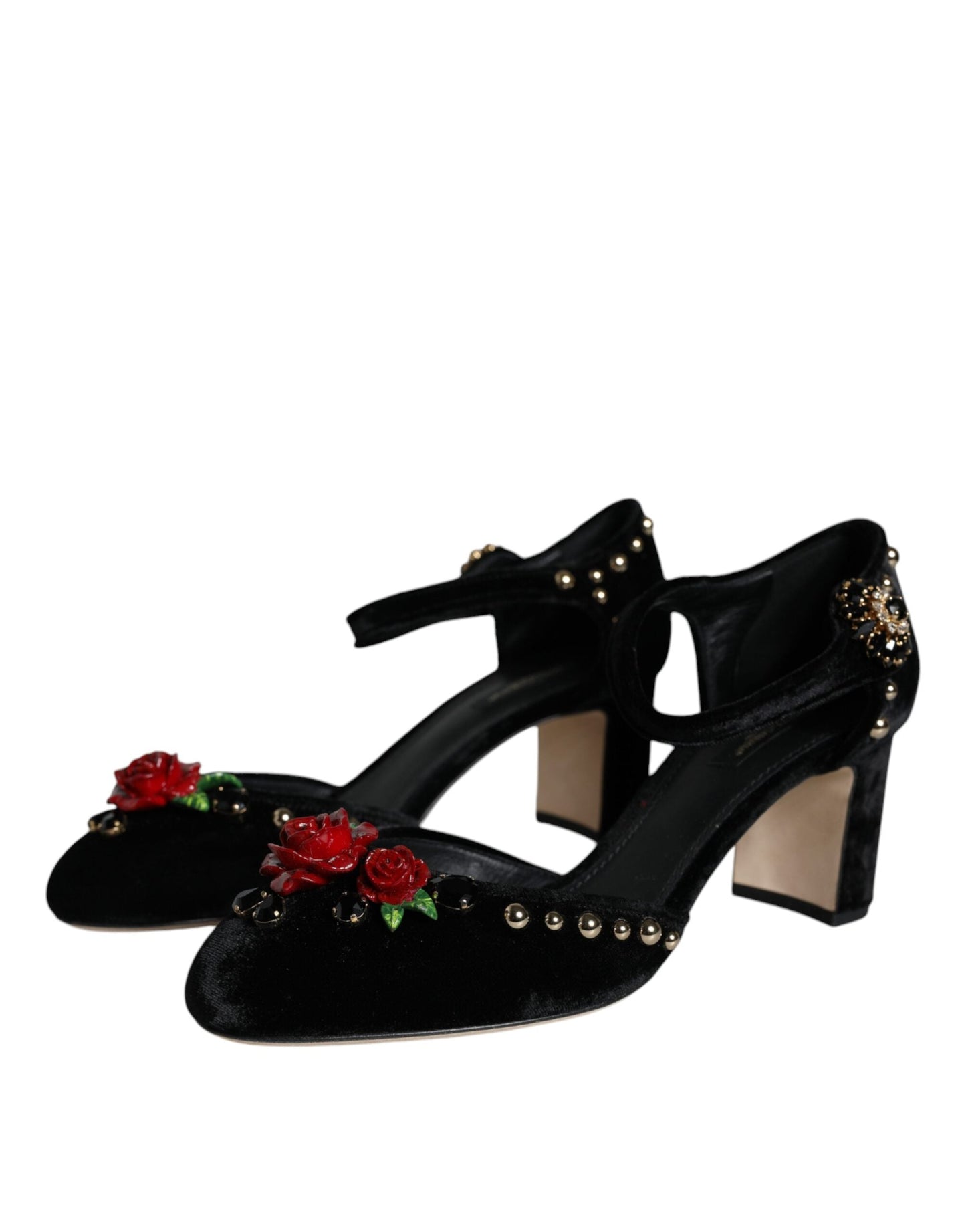 Dolce & Gabbana Black Velvet Roses Ankle Strap Pumps Shoes - EU37/US7