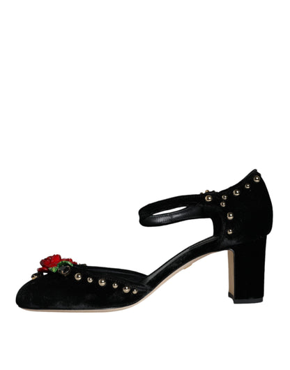 Dolce & Gabbana Black Velvet Roses Ankle Strap Pumps Shoes - EU37/US7