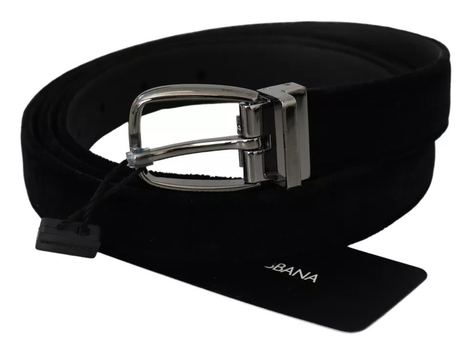 Dolce & Gabbana Black Velvet Silver Tone Metal Buckle Men Belt - 115 cm / 46 Inches