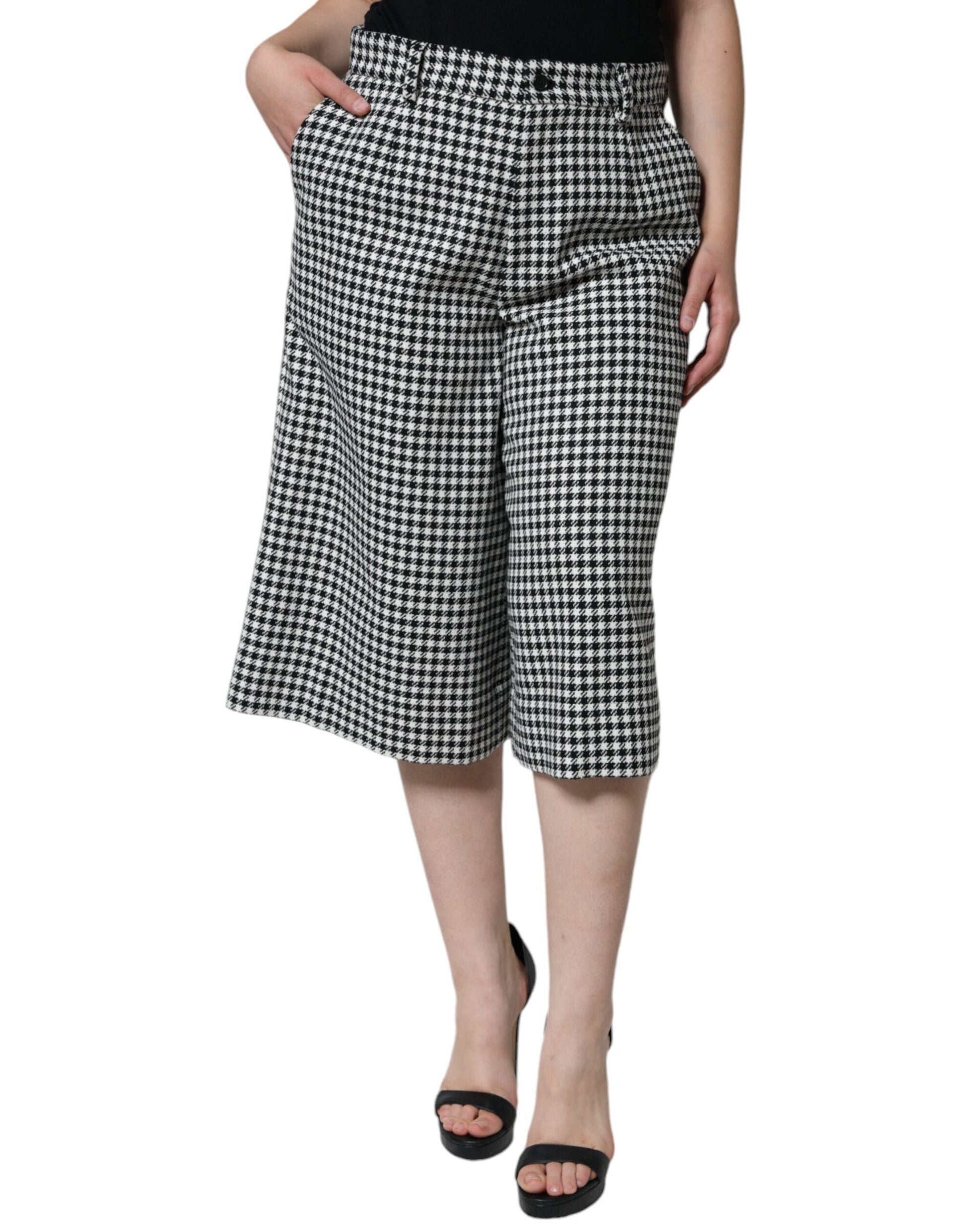 Dolce & Gabbana Black White Houndstooth Cropped Wide Leg Pants - IT48|XXL