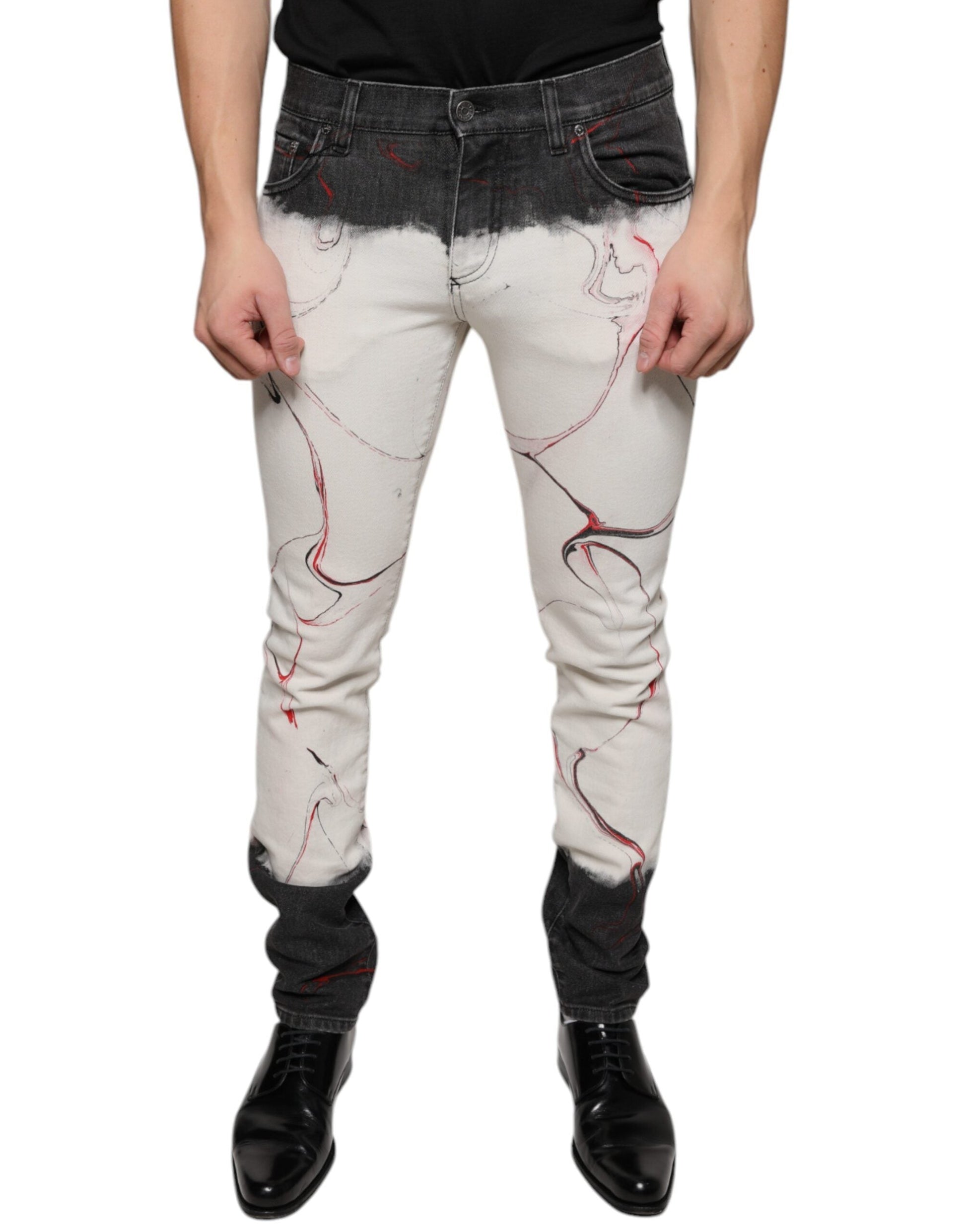 Dolce & Gabbana Black White Printed Skinny Men Denim Jeans - IT48 | M